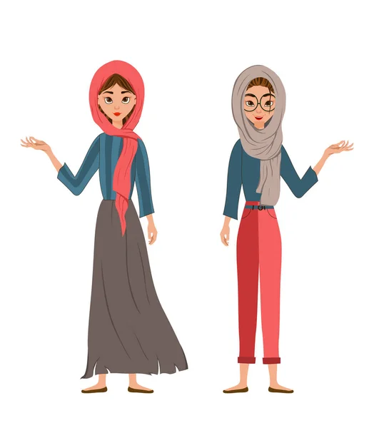 Conjunto de personajes femeninos. Las chicas apuntan a la mano derecha hacia un lado. Ilustración vectorial . — Archivo Imágenes Vectoriales