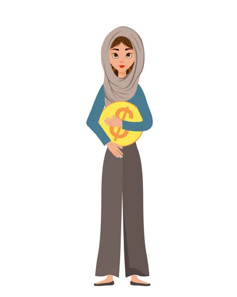 Donna personaggio in una sciarpa con icona dollaro su sfondo bianco. Illustrazione vettoriale . — Vettoriale Stock