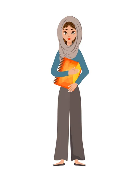 Personaggio donna in sciarpa con quaderno su sfondo bianco. Illustrazione vettoriale . — Vettoriale Stock