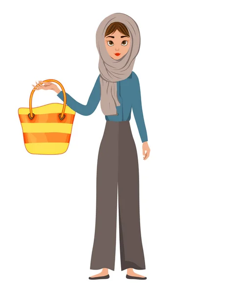 Personaje navideño de mujer en una bufanda con una bolsa sobre fondo blanco. Ilustración vectorial . — Vector de stock