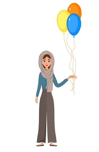 Personaje navideño de mujer en una bufanda con globos sobre fondo blanco. Ilustración vectorial . — Vector de stock