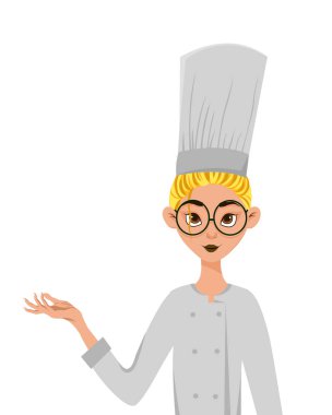 Bir grup kadın karakter. Kadın aşçı eli yana doğru gösterir. Vektör illüstrasyonu.