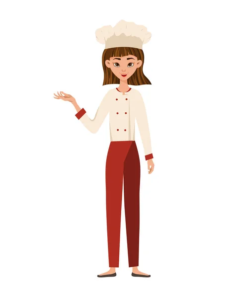 Set of female characters. Woman cook points to the hand to the side. Vector illustration. — Stock Vector