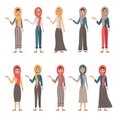 Bir grup kadın karakter. Kızlar sağ tarafı işaret eder, sağ tarafı. Vektör illüstrasyonu.