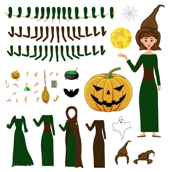 Halloween építő készlet női karakterek. Az ünnepi tulajdonságokkal rendelkező lány. Vektorillusztráció. — Stock Vector