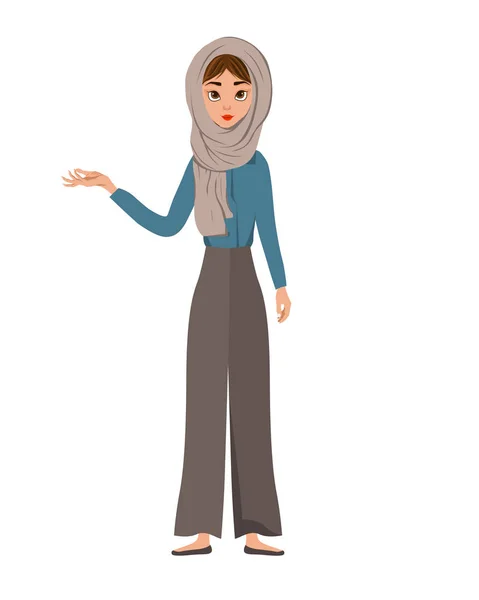 Set of female characters. Girl points to the right hand to the side. Vector illustration. — Stock Vector