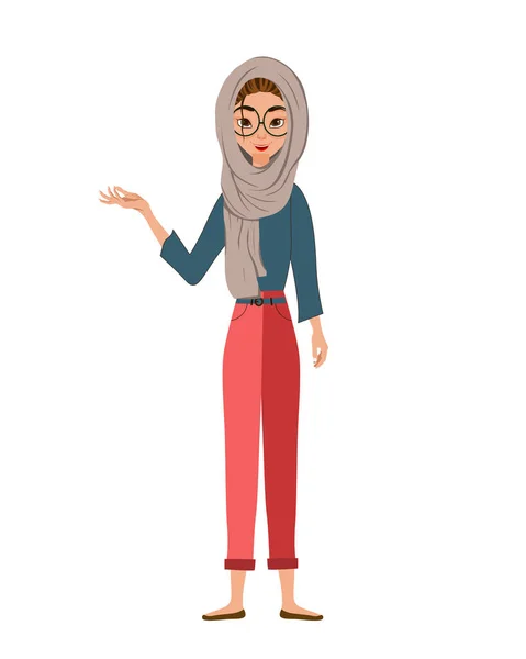 Set of female characters. Girl points to the right hand to the side. Vector illustration. — Stock Vector