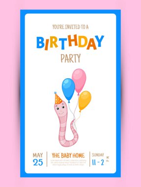 Renkli parti davetiyesi, beyaz arka planda şirin bir solucan var. Kutlama Etkinliği & Mutlu Yıllar. Çok renkli olsun. Vektör.