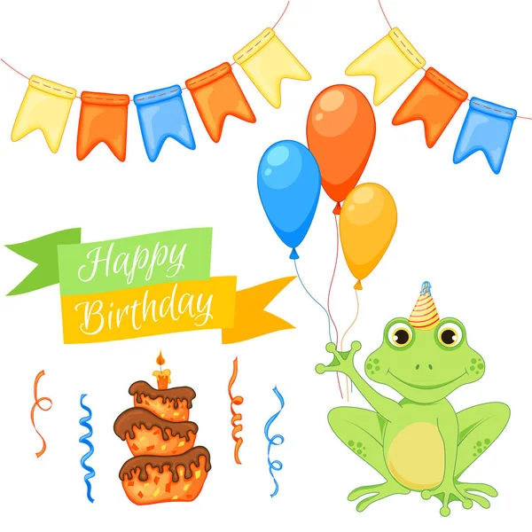 Party-Set mit Frosch und bunten Gegenständen auf weißem Hintergrund. Aufschrift "Happy Birthday". Bunt. Vektor. — Stockvektor