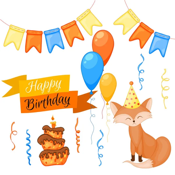 Party set with fox and colorful items on a white background. Inscription "Happy Birthday". Multicolored. Vector. — Stock Vector