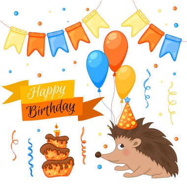 Kirpi ve beyaz arka planda renkli eşyalarla dolu bir parti. 