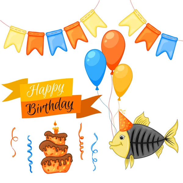 Party-Set mit Fisch und bunten Gegenständen auf weißem Hintergrund. Aufschrift "Happy Birthday". Bunt. Vektor. — Stockvektor