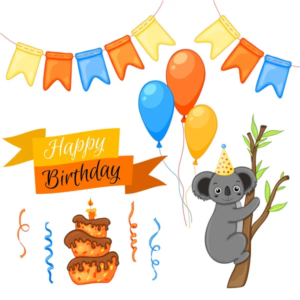 Party-Set mit Koala und bunten Gegenständen auf weißem Hintergrund. Aufschrift "Happy Birthday". Bunt. Vektor. — Stockvektor