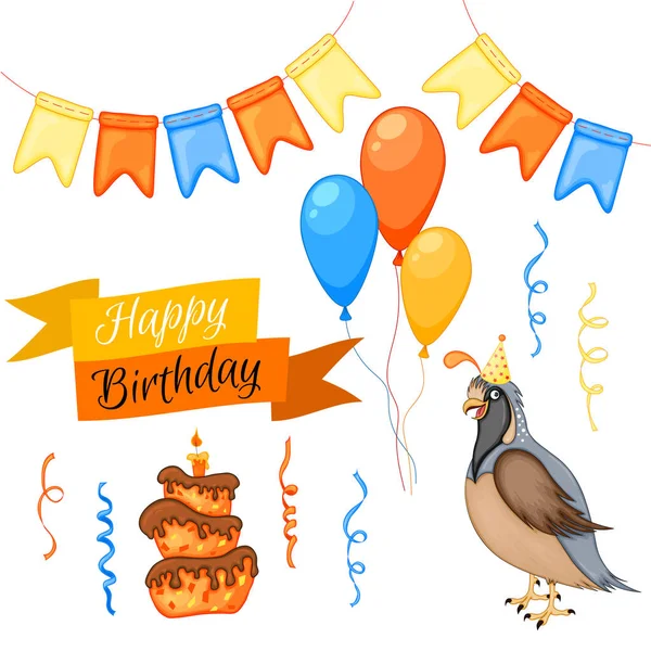 Party-Set mit Vogel und bunten Gegenständen auf weißem Hintergrund. Aufschrift "Happy Birthday". Bunt. Vektor. — Stockvektor