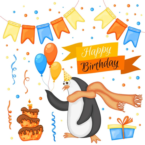 Ensemble de fête avec pingouin et articles colorés sur un fond blanc. Inscription "Joyeux anniversaire". Multicolore. Vecteur . — Image vectorielle