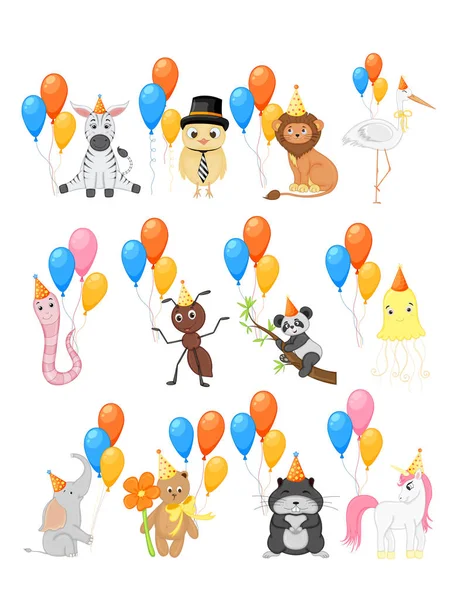 Ensemble de fête coloré avec des animaux mignons et des ballons sur un fond blanc. Événement de célébration & Joyeux anniversaire. Multicolore. Vecteur . — Image vectorielle