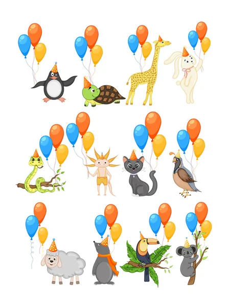 Bunte Party-Set mit niedlichen Tieren und Luftballons auf weißem Hintergrund. Festakt & Happy Birthday. Bunt. Vektor. — Stockvektor