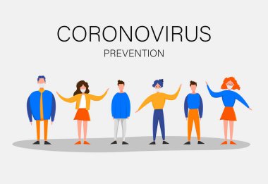 Yeni Coronavirus 2019-nCoV salgınının şablonu beyaz arka planda izole edilmiş bir grup insanla birlikte. Salgın hastalık konsepti. Vektör düz resimleme.