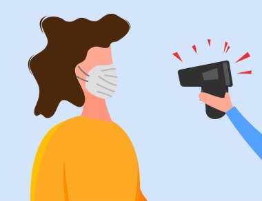 Bir insanın Coronavirus 2019-nCoV 'u saptaması için beyaz arka planda ısı ölçümü. Salgın hastalık konsepti. Vektör düz resimleme.