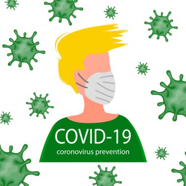 Beyaz bir arka planda izole edilmiş maskeli erkek ve kadın portreleri. Coronavirus 2019-nCoV salgını. Salgın hastalık konsepti. Vektör düz resimleme.