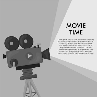 Retro stili uluslararası film festivali poster şablonu. Turuncu arka plan ve siyah renkler. Film festivali posteri. Sinema makarası ve kamera. Film afişi veya geçmişe dönük renkli poster şablonu.