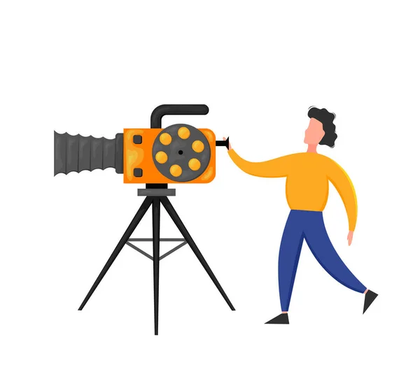 Personaggi minuscoli che fanno film. Operatore che utilizza la fotocamera e il personale con pellicola per la registrazione di apparecchiature professionali. Regista con Megaphone, People with Clapperboard e Reel Film. Illustrazione del vettore del fumetto — Vettoriale Stock