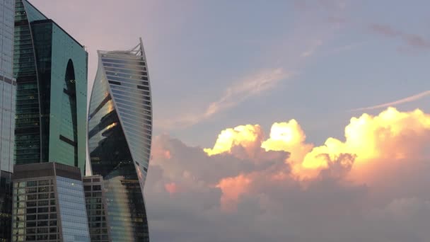 Moscow City skyskrapor på Sunset Stockfilm