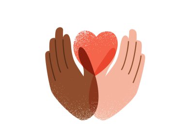 Say no to stop racism, love and peace concept. Black Lives Matter vector background. Human black and white hands hold pink heart, texture effect. Motivational poster against discrimination clipart