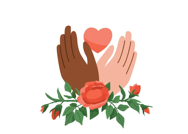 Black Lives Matter fond vectoriel. Dites non pour mettre fin au racisme. Les mains humaines noires et blanches tiennent le cœur rose. Rose plante enveloppe les bras. Affiche de motivation contre l'ethnocentrisme et la discrimination — Image vectorielle