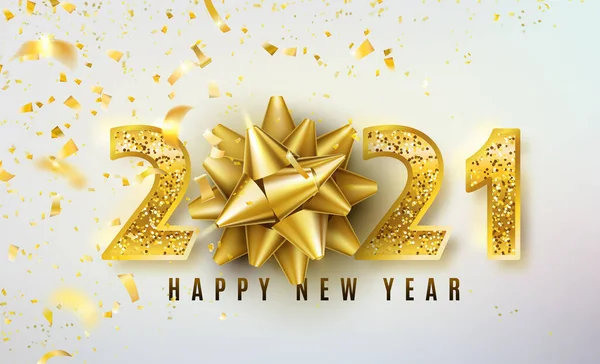 2021 Altın hediye yayı, konfeti, parıltılı altın sayılar ile mutlu yıllar vektör geçmişi. Noel tasarımı kutlaması. Tatil için şenlikli konsept şablonu — Stok Vektör