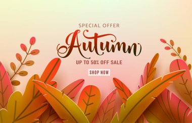 Sonbahar Şükran Günü vektör geçmişi. Sonbahar çerçevesi ve metin satış tabelası. Kırmızı, turuncu, yeşil soyut yapraklar basit düz kağıt kesim stili.