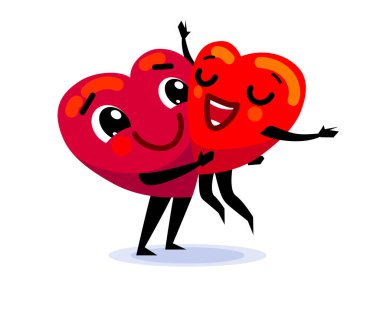 Birbirine aşık bir çift. İki komik düz çizgi film kalbi el ele tutuşarak birbirlerini öperler. Öpücüklü konuşma balonu mwah. Sevgililer Günü 'nüz kutlu olsun. Vektör illüstrasyonu