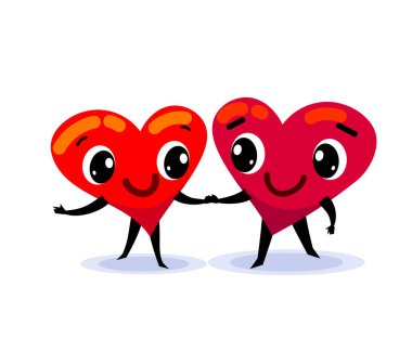 Birbirine aşık bir çift. İki komik düz çizgi film kalbi el ele tutuşarak birbirlerini öperler. Öpücüklü konuşma balonu mwah. Sevgililer Günü 'nüz kutlu olsun. Vektör illüstrasyonu