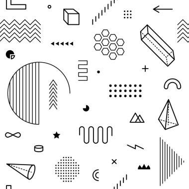 Geometrik elementlerle kusursuz desen. Basit memphis tarzında soyut vektör arkaplan tasarımı için geometrik şekiller arkaplan oluşturur. Siyah ve beyaz renk.