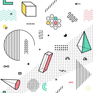 Geometrik grafik elementlerle renk deseni. Modern basit memphis tarzında soyut moda vektör arkaplan tasarımı için geometrik şekiller arkaplan.