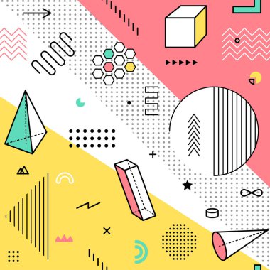 Geometrik grafik elementlerle renk deseni. Modern basit memphis tarzında soyut moda vektör arkaplan tasarımı için geometrik şekiller arkaplan.