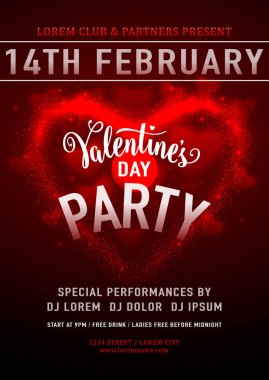 Davetiyeli Sevgililer Günü afiş şablonu el yazısı harfleri, kırmızı kalpler. 14 Şubat için romantik el ilanı