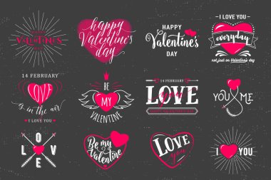 Sevgililer Günü tipografi harfleri logosunun vektör çizimi. Hippi amblemleri, kalpli metin tasarımı, ok, patlama. Pankart, tebrik kartı, hediye, poster için kullan