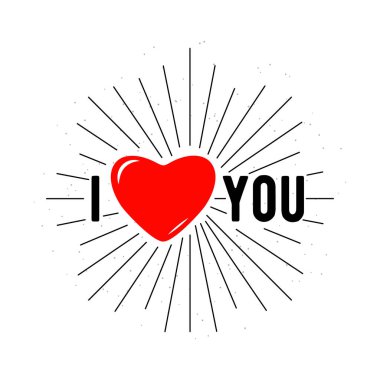 Sevgililer Günü tatili için beyaz arkaplanda kırmızı kalp ve tipografi yazısıyla şık retro tebrik kartlarının vektör çizimi. Seni seviyorum.