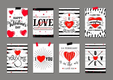 Sevgililer günü tebrik kartı şablonlarının temsili sunumu. Üzerinde tipografi yazıları, kırmızı kalpler, oklar var. İlham verici alıntıları seviyorum. Romantik etiketler ya da posterler