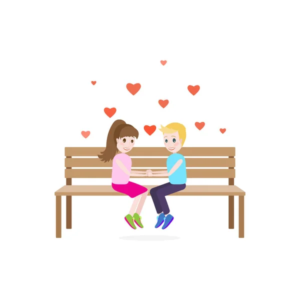 Ilustração Vetorial Primeiro Amor Dois Adolescentes Sentados Banco Mãos Dadas — Vetor de Stock