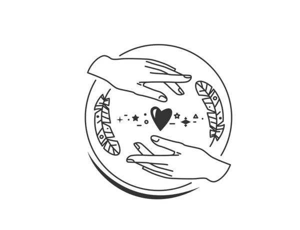 Руки Перьями Сердцем Элементом Дизайна Простом Плоском Стиле Boho Линии — стоковый вектор