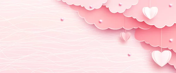 Розовый Баннер Реалистичном Стиле Вырезки Бумаги Бумажные Облака Сердце Верёвке — стоковый вектор