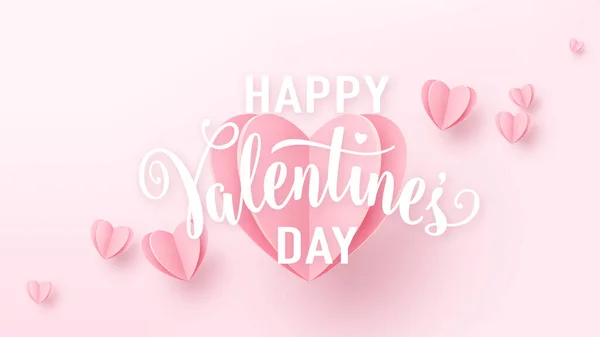 Valentijnsdag Achtergrond Met Lichtroze Papieren Hartjes Witte Tekst Teken Liefde — Stockvector