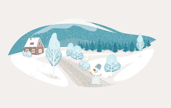 Зимний Изолированный Ландшафтный Фон Природа Ржавая Сцена Симпатичным Домом Елкой — стоковый вектор