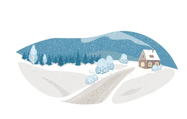 Kış Izole Arazi Vektörü Arka Planı Şirin Bir Evi Köknar — Stok Vektör