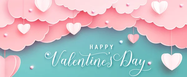 Happy Valentines Day Greeting Background Papercut Realistic Style Paper Hearts — Stock Vector