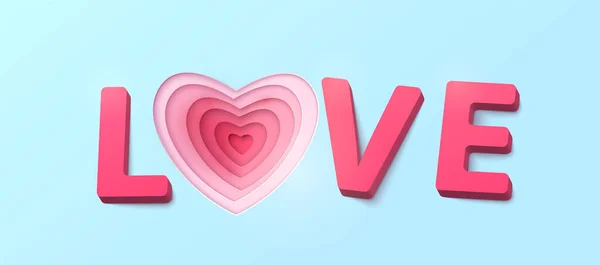 有3D效果的塑料字母的爱 心纸切割多层红色和粉红色的色层 情人节快乐的问候 在浅蓝色背景上孤立的现实物体 矢量说明 — 图库矢量图片