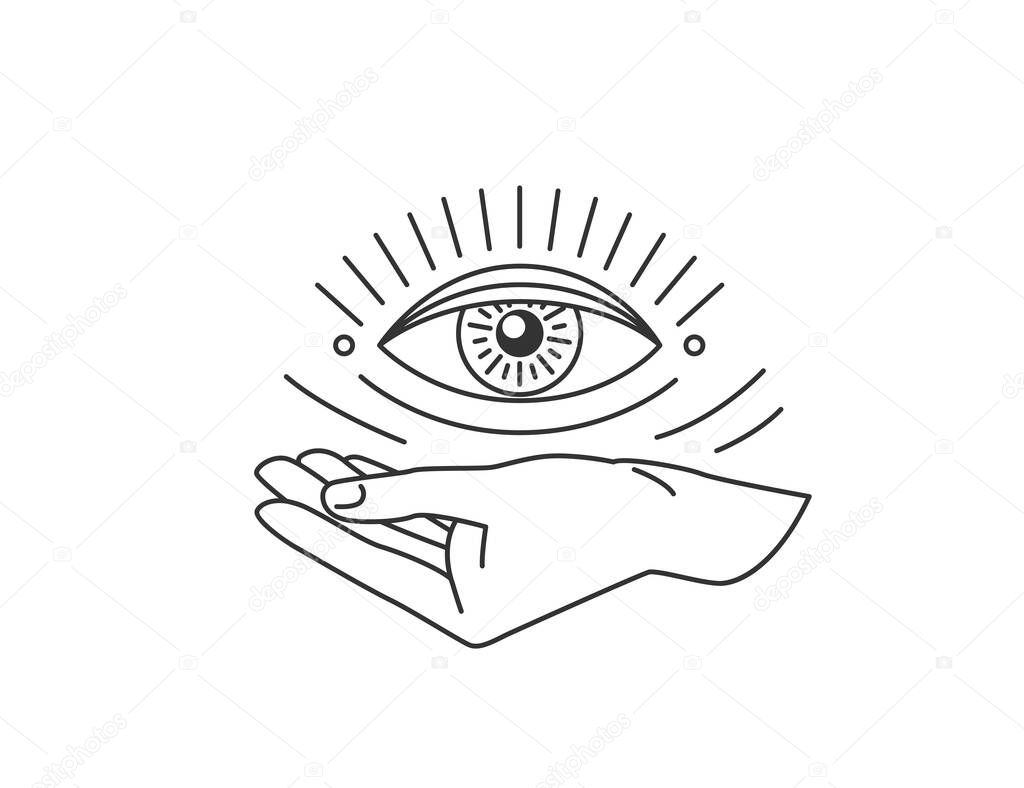 Hand with all-seeing eye design element in simple flat esoteric line style. Vector illustration isolated on a white background.