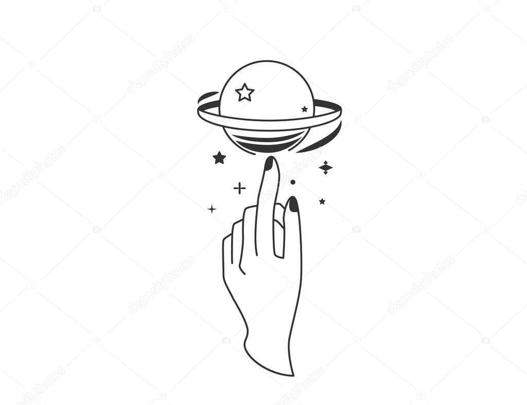 Hand twists galaxy space at the finger. Vector illustration in simple flat line style isolated on a white background.